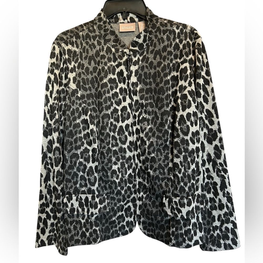 Chico's Black Gray Animal Leopard Print Full Zip Blazer Jacket Sz 2 NWT